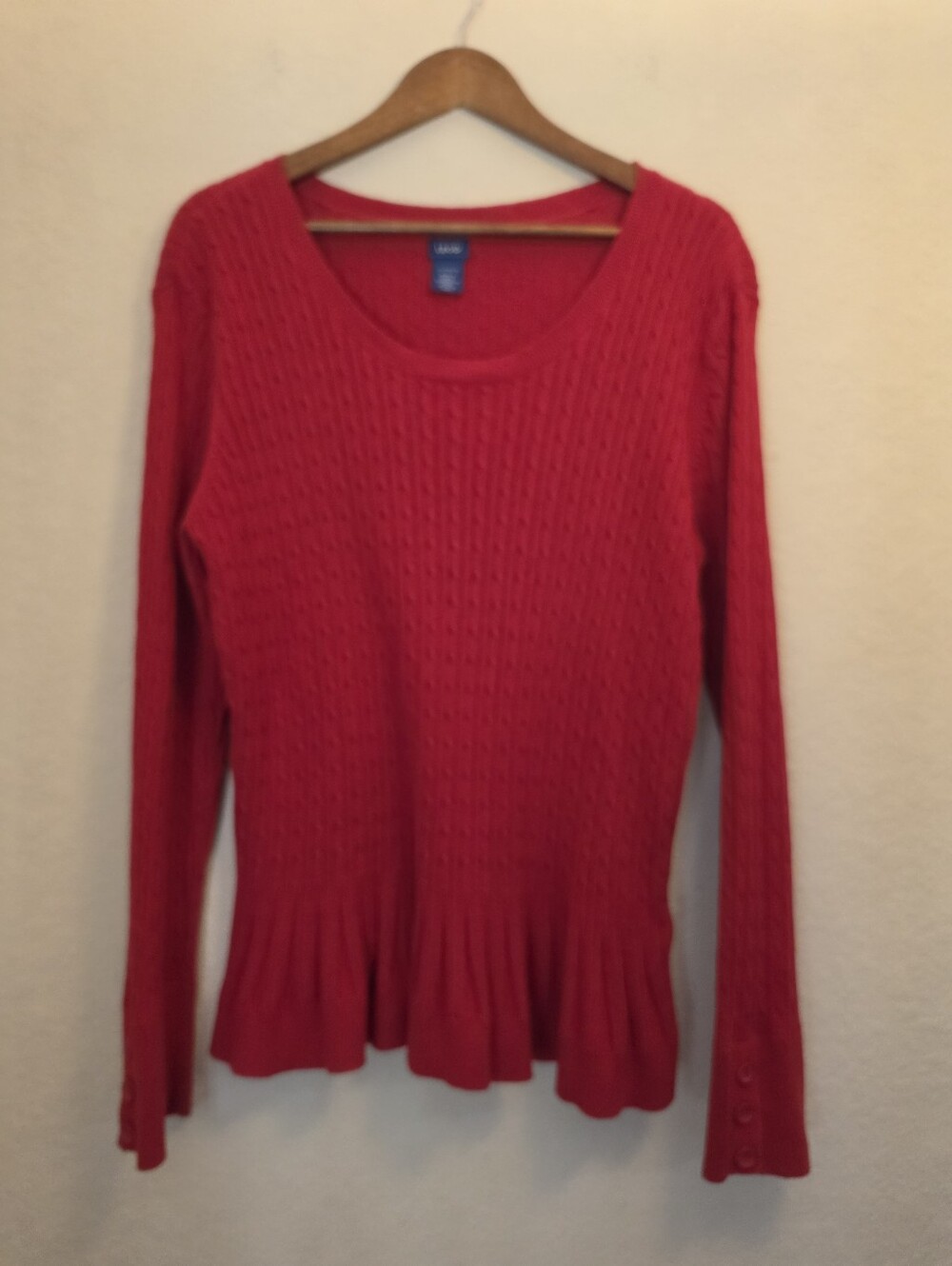 Izod Cable Knit Sweater Womens Sz XL Red Ruffled‎ Flare Hem Preppy Pullover Top